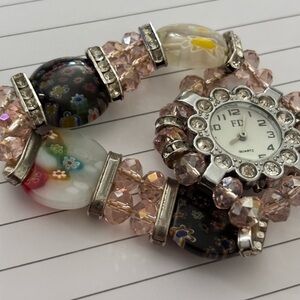 Pink Crystal and Millefiori Glass Watch Bracelet